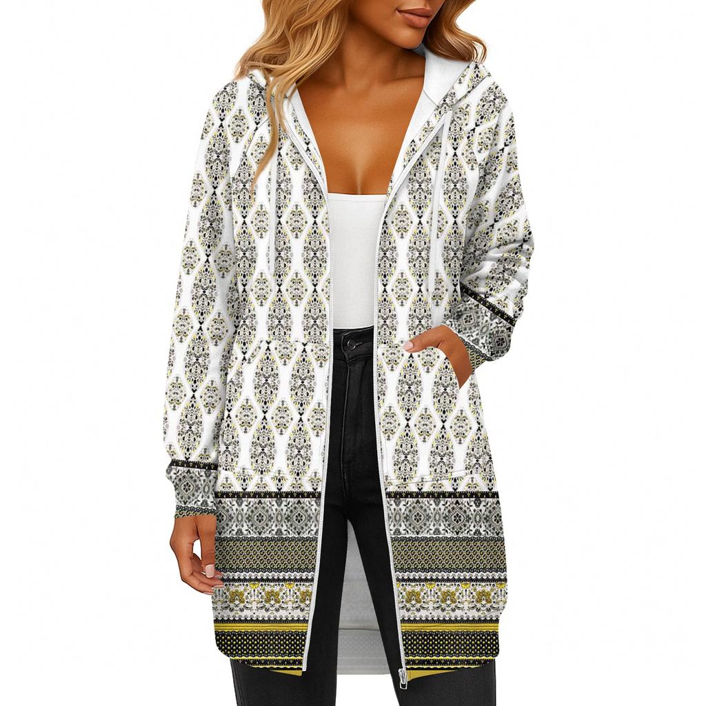 Women's Fashionable Printed  Long Sleeved Drawstring Hooded Zipper Pocket Long Casual Sweatshirt Jacket