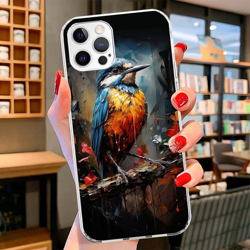 Animal Oil Painting Bird Cover Phone Case For iPhone 16 17 Air 15 14 Pro Max 16E Phone Case 13 Mini 12 11 7 SE 8 Print Pattern F