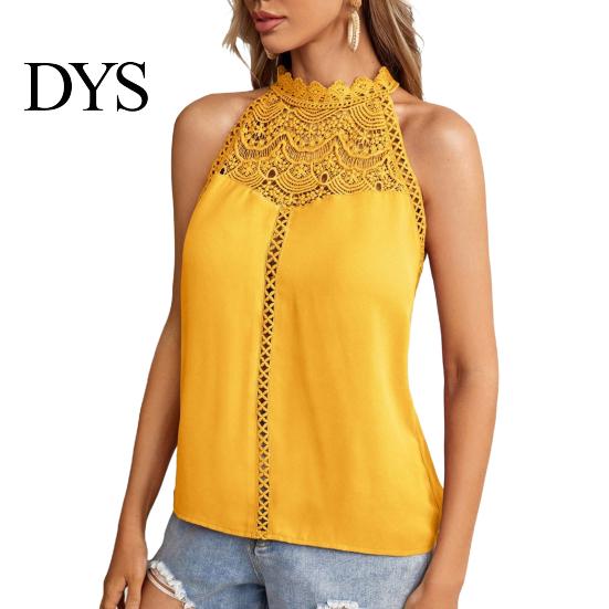 Sexy Back Button Vest Women Halter Neck Solid Color Lace Decoration Blouse Tops Hollow Stitching Casual Button-up Cami