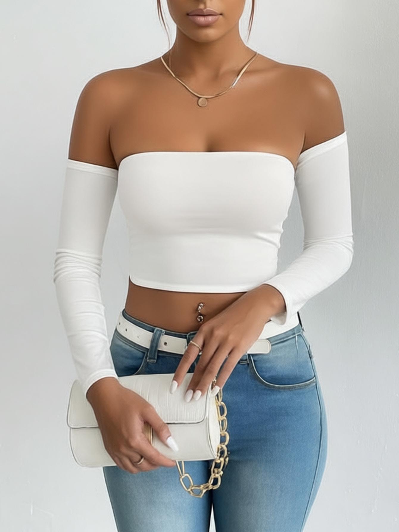 Women s European & American Sexy Slim Fit Raglan Sleeve Bandeau Summer Top Medium белый
