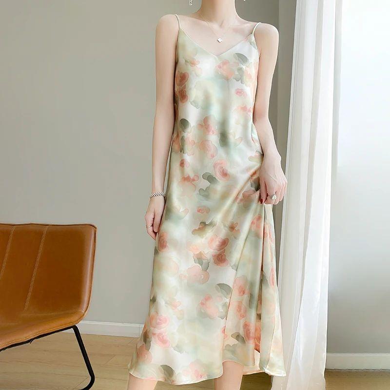 V-neck Spaghetti Strap Floral Dress Women V-neck Loose Sling Floral Dress