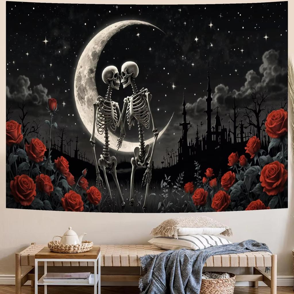 Black White Gothic Skull Tapestry, Romantic Constellation Skeleton Psychedelic Floral Art For Bedroom Headboard Living Room