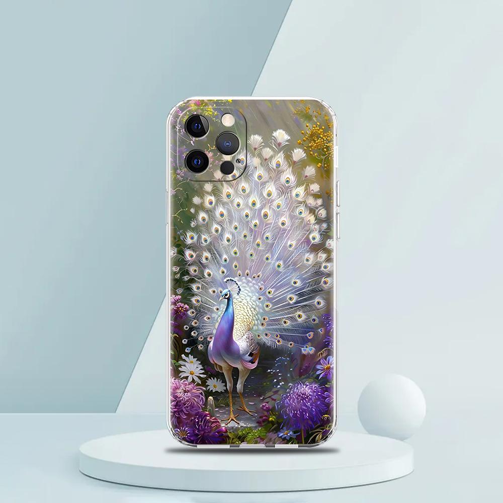 Soft TPU Transparent Phone Case Cover for iPhone 16 15 14 13 12 11 Pro Max XR 8 7 Plus XR Shell Animal Cute Peacock Pattern Bags