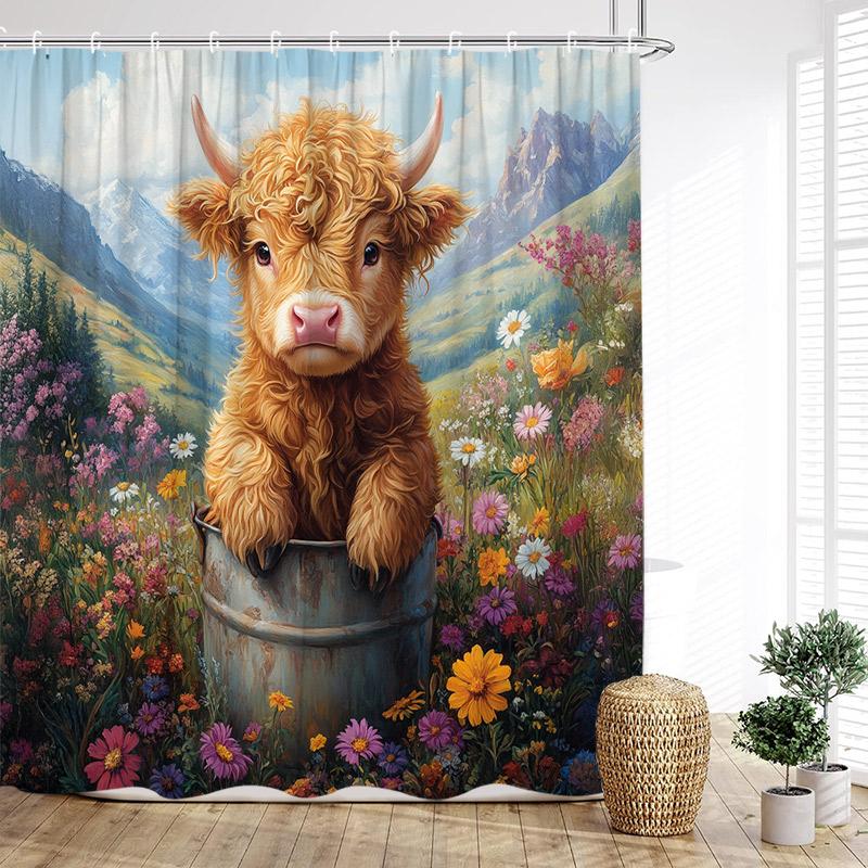 Brown Highland Cattle Shower Curtain Funny Farm Animals Sunset Rustic Flowers Scenery Fabric Bathroom Curtains Decor With Hooks