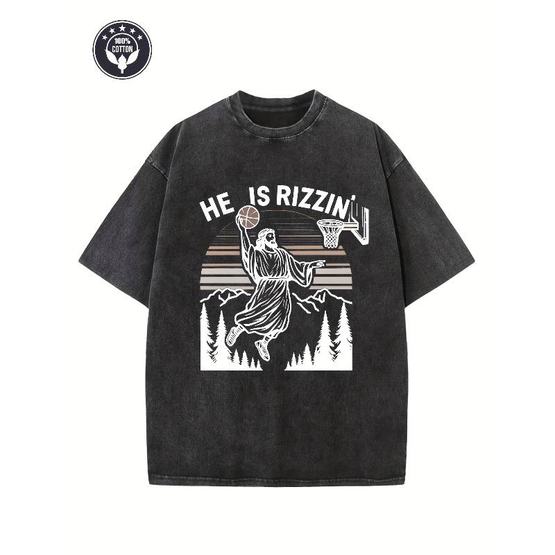 

Retro Creative Pattern He is Rizzen Christian Washed Heavy Cotton T-Shirt Men s Retro Street Basic Loose Hip-Hop Top T-Shirt S чёрный
