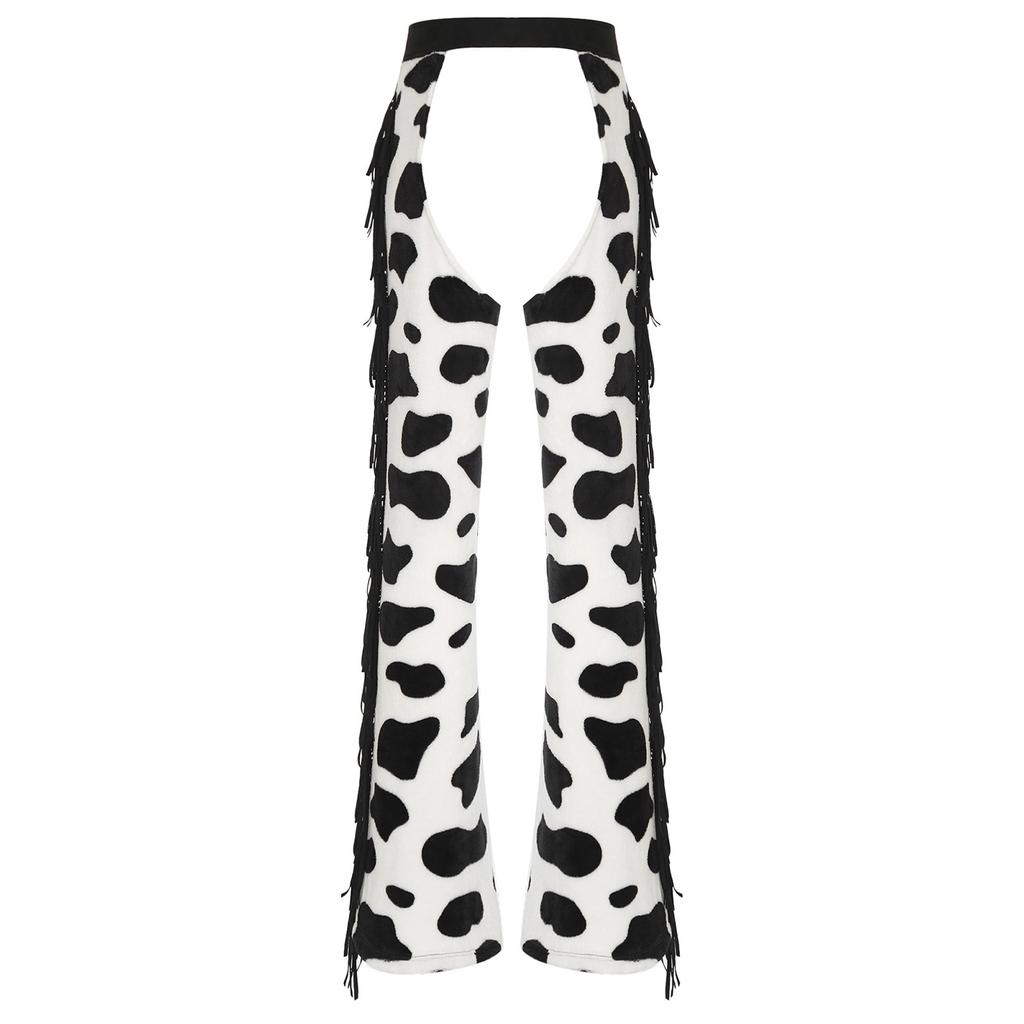 Dámské flanelové dlouhé kalhoty se vzorem kravích skvrn - se střapcem na boku, nastavitelným pasem, otevřeným rozkrokem pro jízdu na kole, jezdecké kovbojské chapsy, Halloween Cosplay