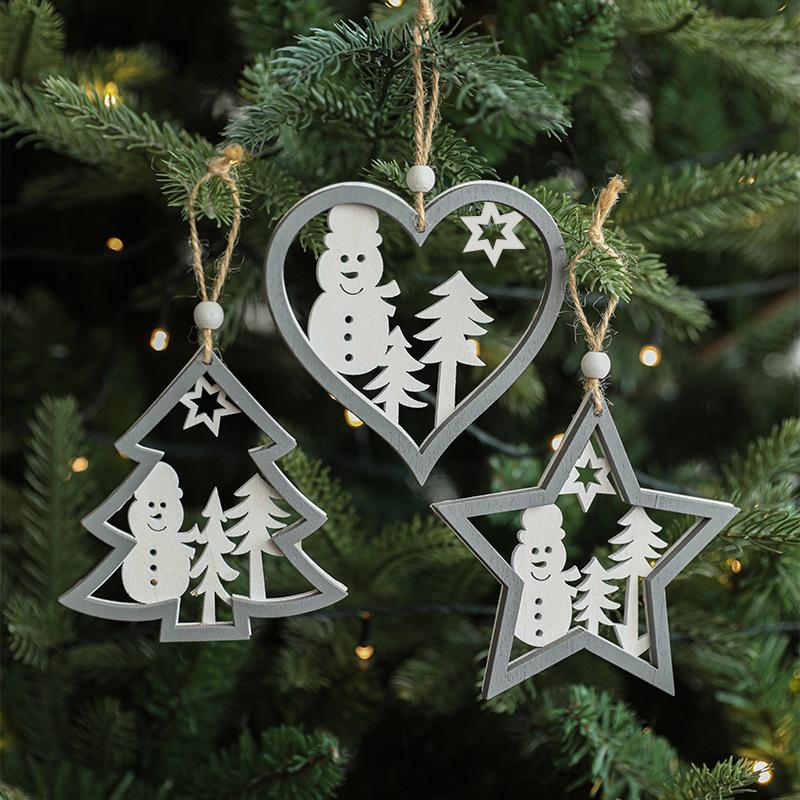 Cross Border Hot Selling Gray Wooden Hollow Christmas Pendant Wooden Wooden Creative Christmas Tree Hanging Decoration