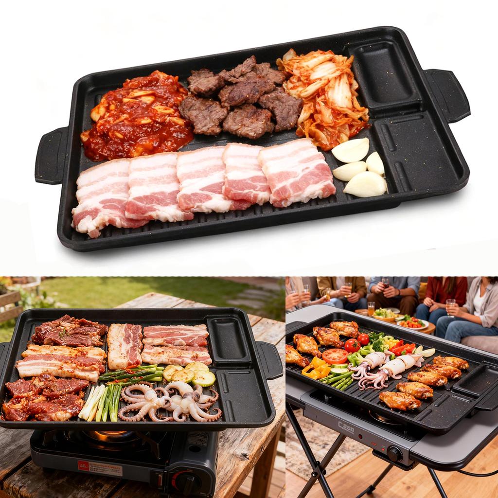 Korean BBQ Grill Pan For Indoor Outdoor Cooking Non-Stick Smokeless Rectangular Barbecue Plate with Oil Hole