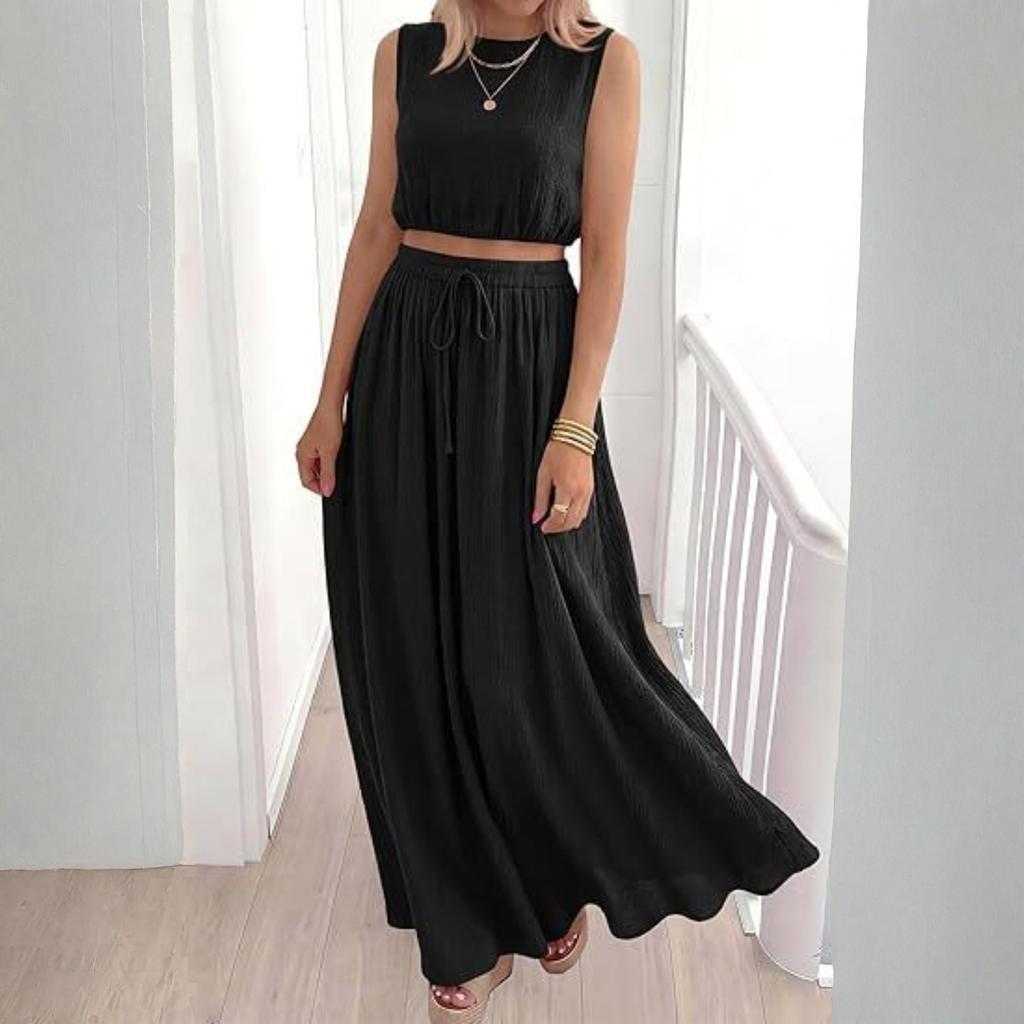 Completo da Donna con Crop Top Senza Maniche e Gonna Lunga con Coulisse in Vita e Tasche Casual Vestibilità Larga Due Pezzi