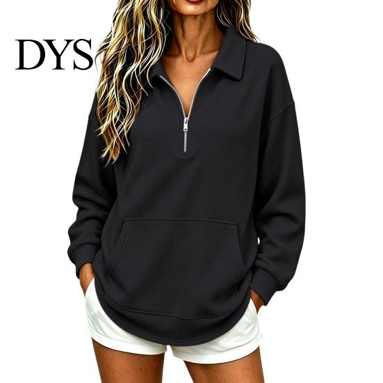 Casual Waffle Sweatshirt Women Half-zip Sweatshirt, Long Sleeve Pullover Top with Kangaroo Comfortable Pockets Pocket, Loose Fit Lapel for Fall Winter