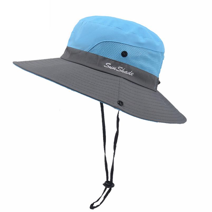 Summer Quick-drying Anti-UV Sun Hats Wide Brim Sunscreen Bucket Hats Panama Cap Breathable Mesh Drawstring Adjustable Hiking Hat