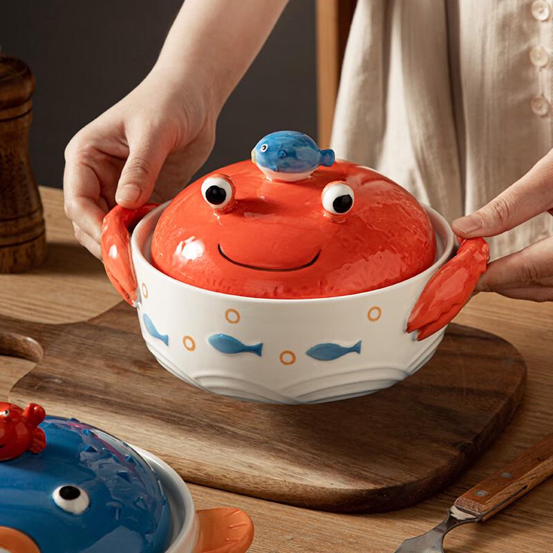 MY Creative Seafood Ceramic Noodle Bowl with Lid & Phone Stand 16.8cm