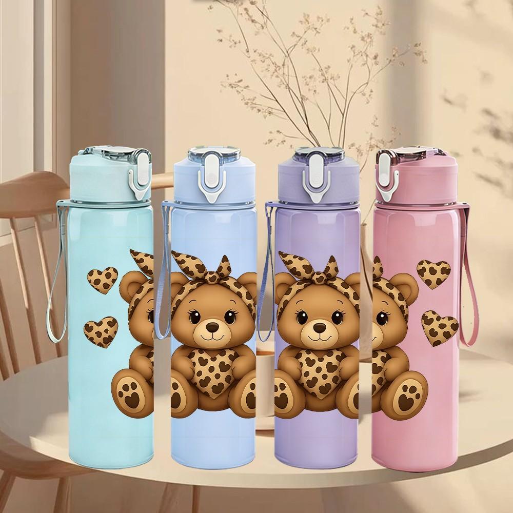 1PC Cute Brown Teddy Bear Art 750ml Color Plastic Sports Water Bottle Leakproof Flip Straw Lid Suitable for Sports Office Home Use