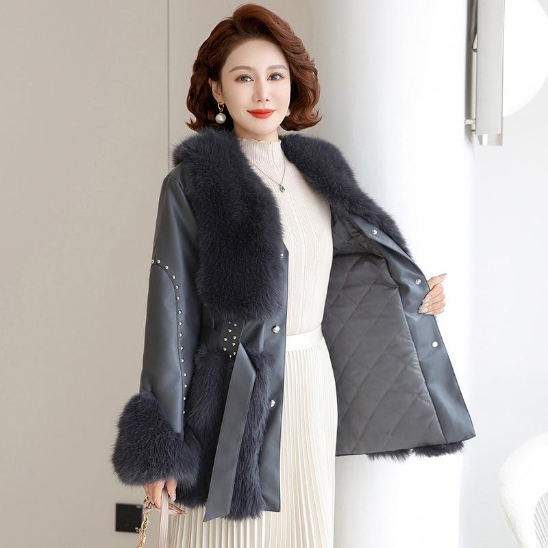 

Женская куртка из искусственной кожи и норки - Универсальное, теплое, стильное пальто на осень/зиму 5XL for 145-160 lbs темно-серого