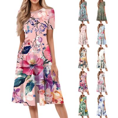 Women's Loose Casual And Fashionable Round Neck Short Sleeved Printed Mid Length Dress