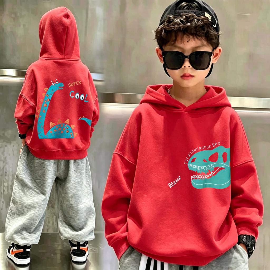 Children's hooded sweatshirt,dinosaur double-sided printed boys'and girls'fall-winter warm children's clothing, loose fit design
