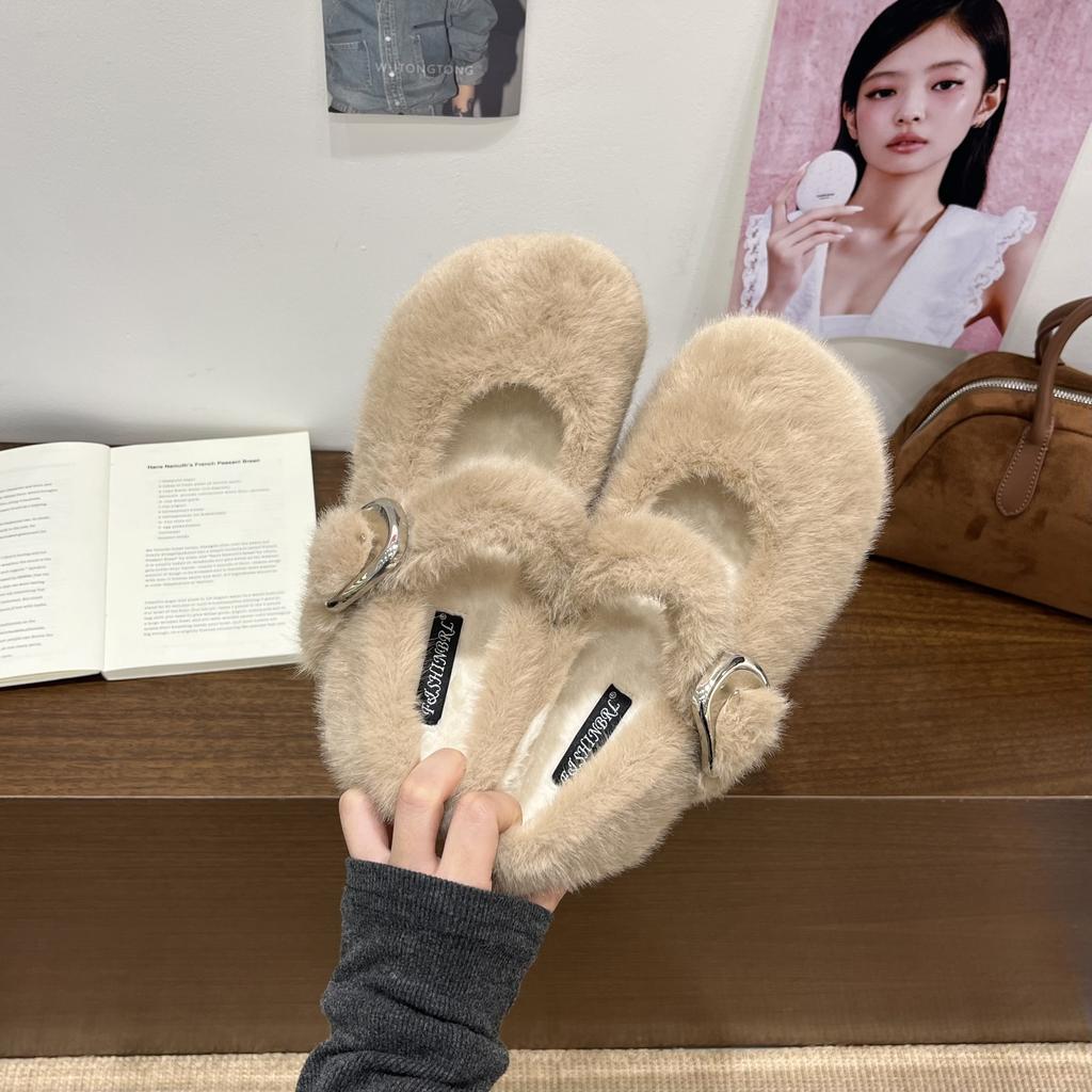 Inner Heightening Retro Fluffy Shoes Single Shoes Women's 2025 Autumn and Winter New with Skirt Velvet Mary Jane Shoes