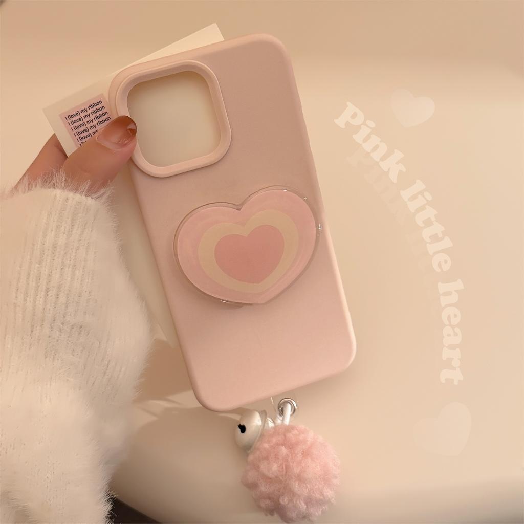 Pink heart-shaped stand fur ball bell phone case suitable for 11/12/13/14/15/16