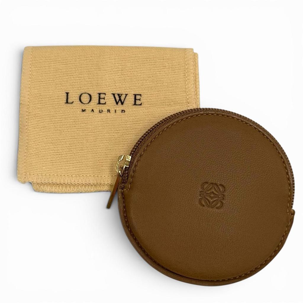 Excellent LOEWE Coin case Anagram Round Zip Leather Brown Sheepskin Leather Used