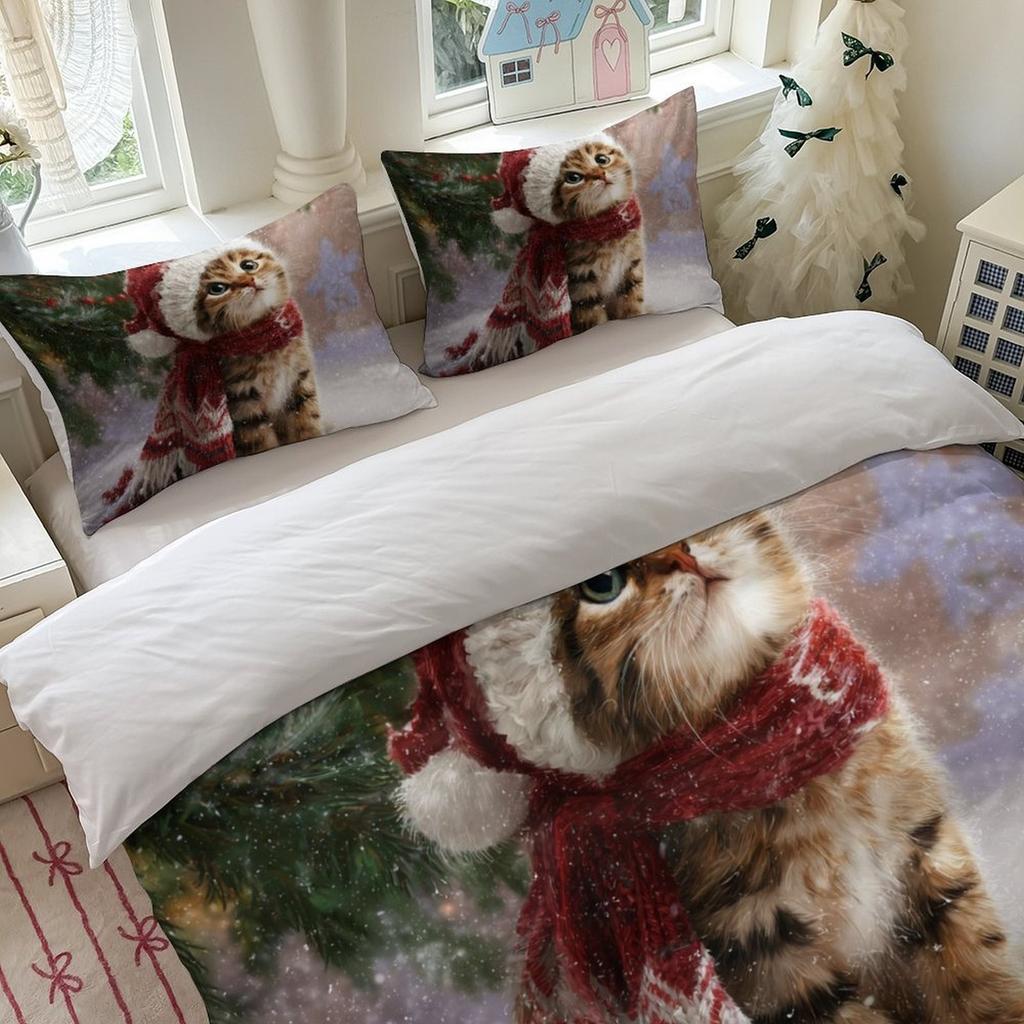 Christmas Cat Bedding Set Printed Duvet Cover Set Soft Single Twin Size Home Decor Duvet Cover Set Cute Birthday Gift For Girls
