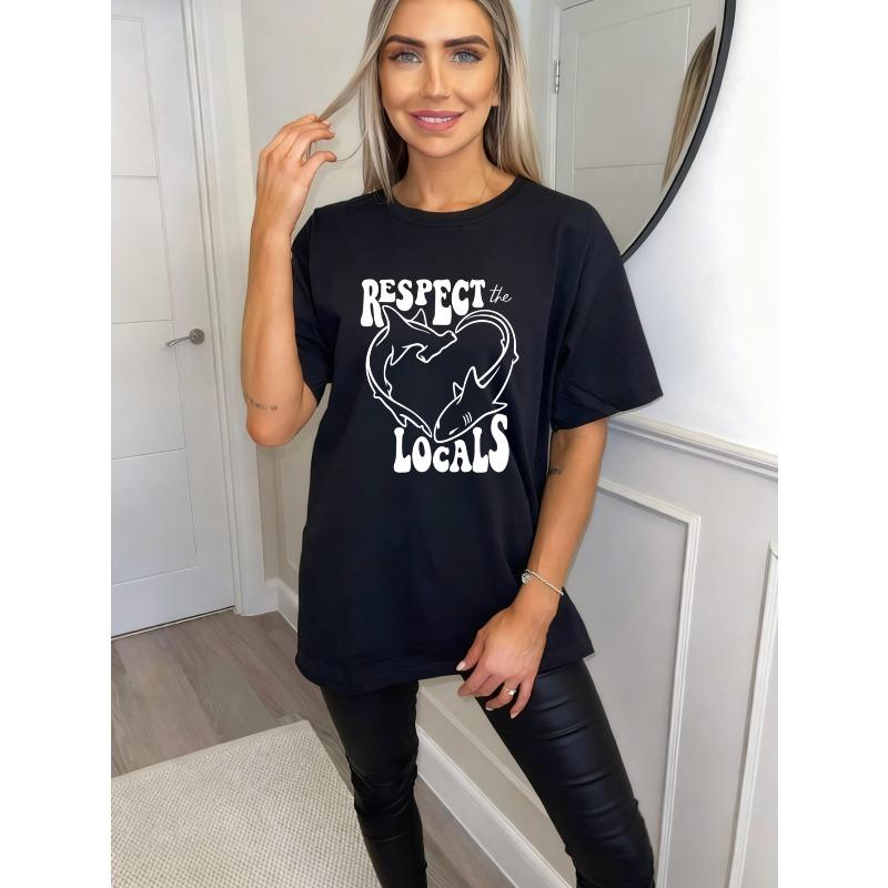 Oversized T Shirt Black Respect The Locals Shark Heart Print Graphic Tee For Beach And Casual Wear