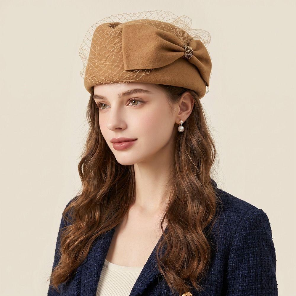 Elegante Fedora-Hut mit Schleife Französischer Stil Woll-Barett Uniform Flugbegleiterinnenhut Formeller Hut Damen