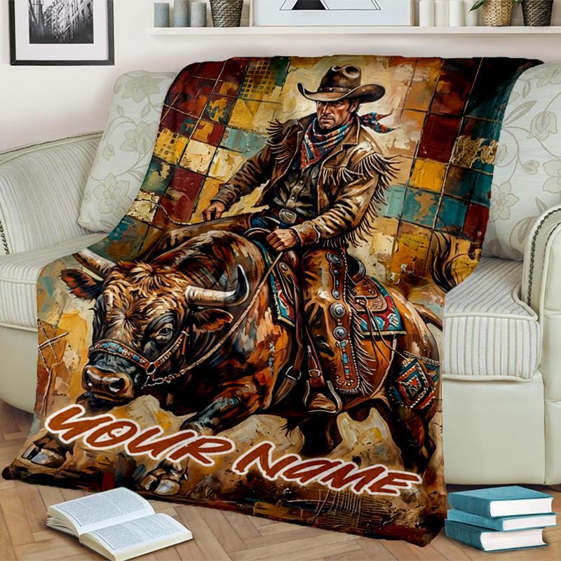 1PC Custom Name Cowboy Bull blanket versatile,all-season throw suitable for the living room,bedroom,camping,travel,and gift