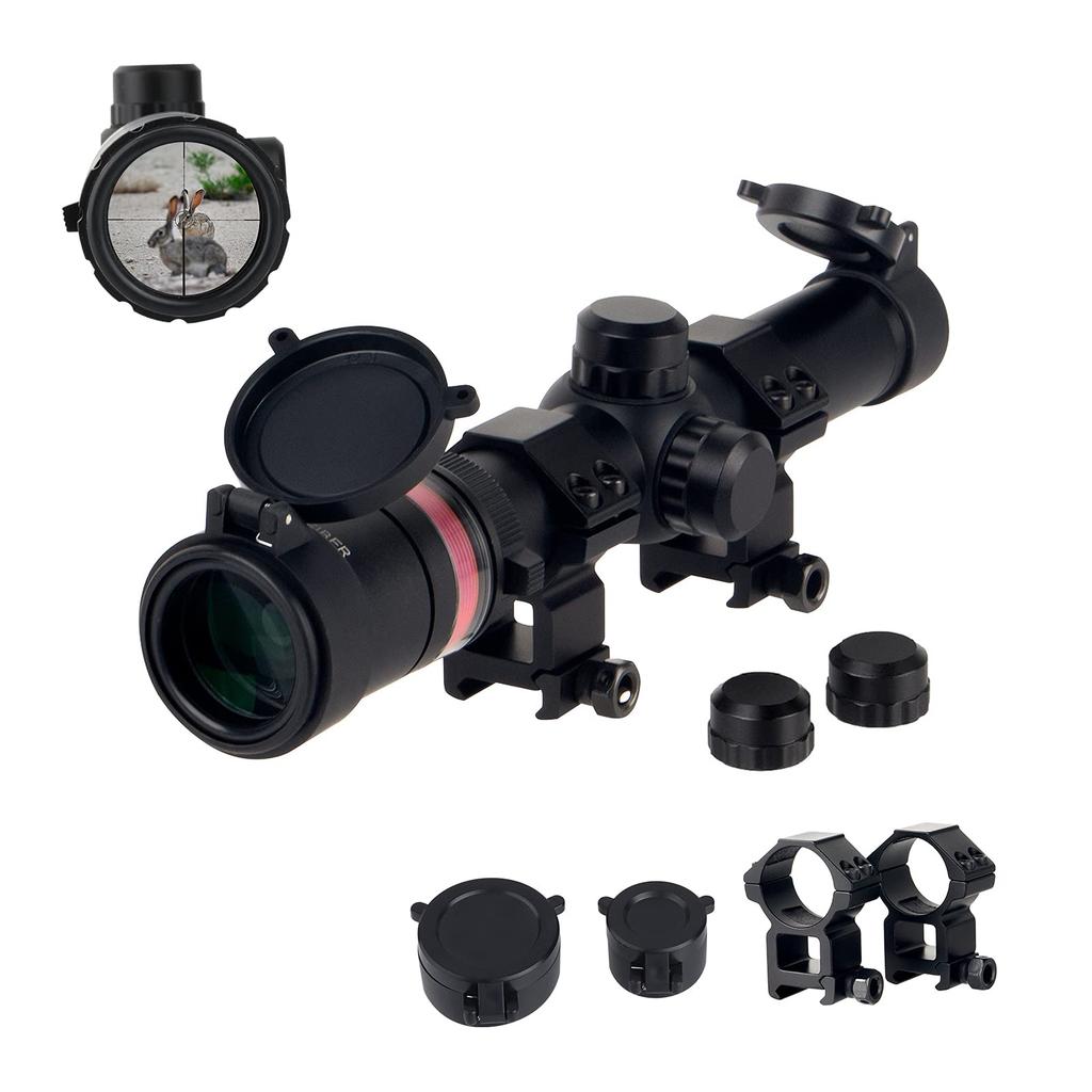 FOCUHUNTER 1.5-6X24mm Short Scope, Tactical Telescope Sight with Variable 1.5-6x Zoom, WeaverPicatinny Rail Mount Ring & Lens Caps, Red Triangle,