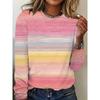 Gradient Color, Round Neck Long Sleeve Loose Casual Women'S Top Base T-Shirt Machine Washable - Suitable for Spring Autumn Daily And Home