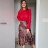 Autumn 2024 Solid Color Cutout Top & Leopard Print Midi Skirt Set for Women