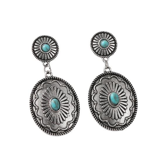 1 Pair Women Dangle Earrings Ethnic Round Shape Retro Bohemian Style Faux Turquoise Stainless Alloy