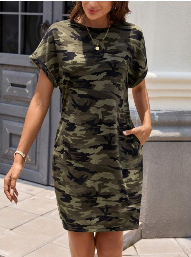 European and American casual loose shoulder crew neck camouflage print vacation comfortable women's T-shirt summer dress