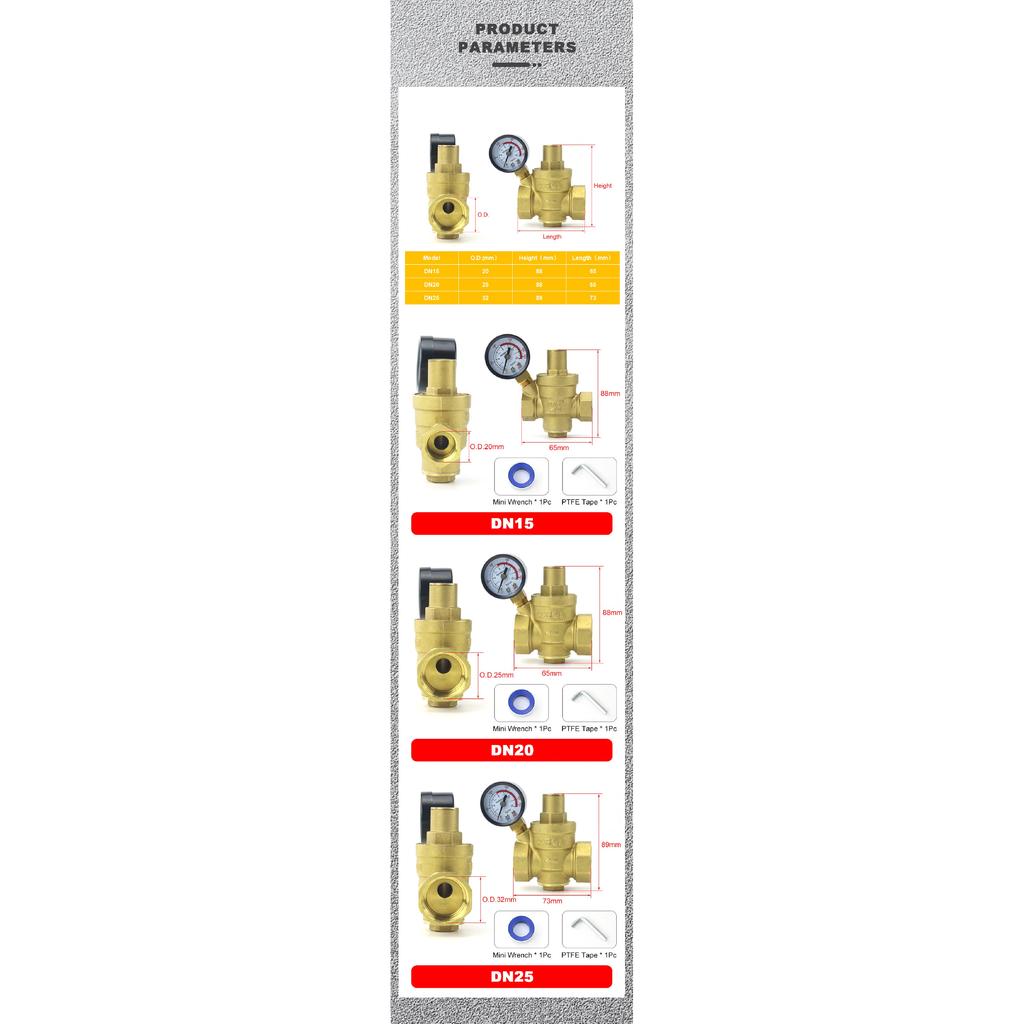 DN15 DN20 DN25 Brass Water Pressure Reducing Maintaining Valve 1/2" 3/4" 1" Adjustable Relief Valve With Gauge Meter