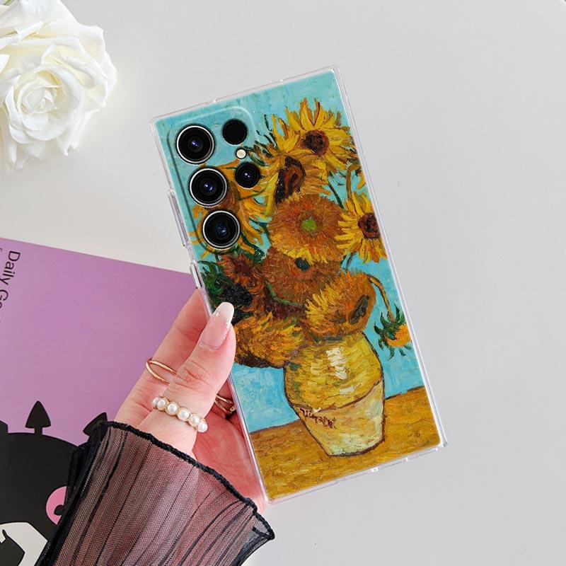 Van Gogh Almond Blossoms Sunflower Starry Phone Case For Samsung Galaxy S25 S24 S23 S21 Ultra S20 FE S22 Plus A55 5G Clear Cover