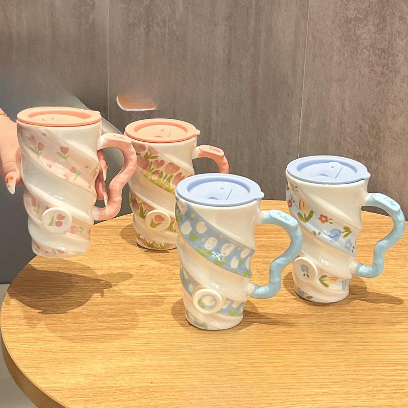 Small Fresh Ceramic Casual Cup with Lid Large Capacity and High Appearance Girls' Mug Cold Drink High Cup Milk Tea Cup