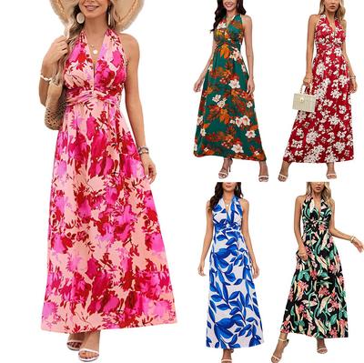Ladies Temperament Neck Print Bohemian Dress Holiday Beach Maxi Dress