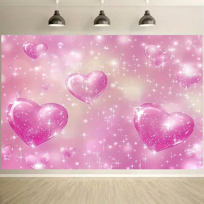 2D Pink Sparkly Heart Backdrop 2D Valentine's Day Party Banner