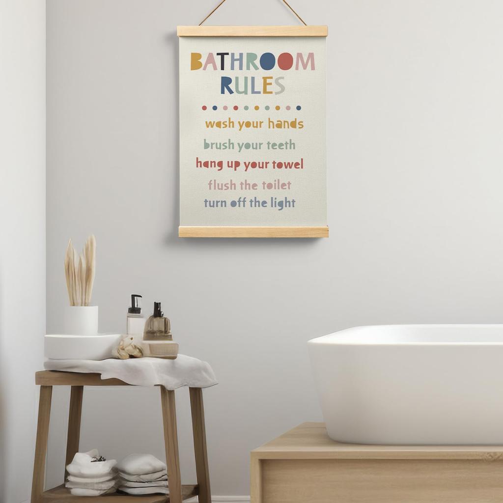 Ryeolo Kids Bathroom Wooden Poster Hanger Frame 12.5x17 Inch, Rules Wall Art Decor for Toddler Boy Girl, Colorful Decor