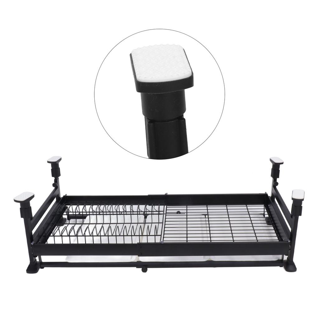 2 Tier Large Dish Rack Pull Out Double Layer Dish Drying Rack with Drain Tray for Kitchen Black