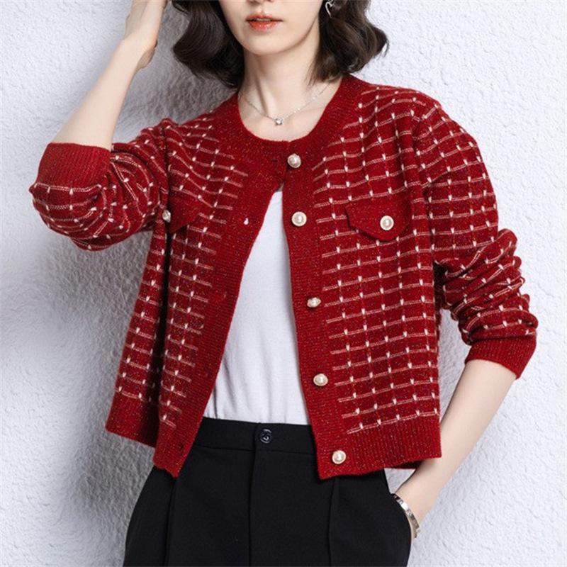 Autumn and Winter Xiaoxiangfeng Top, Short, Small, Foreign, Elegant, Black and White Plaid Contrasting Knitted Jacket