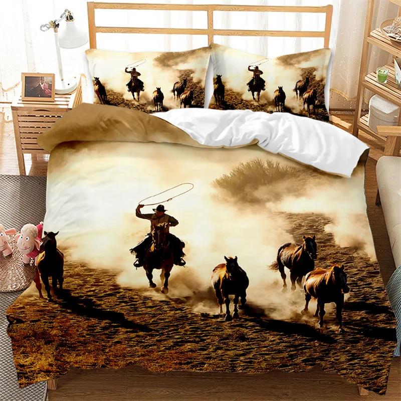 Western Cowboy Duvet Cover Set Single King Wild West Themed Cowboy Bedding Set Microfiber Rodeo Cowboy Riding Horse Quilt Cover