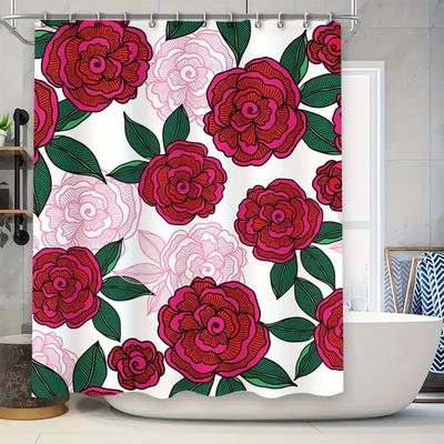 Vintage Blumiger Duschvorhang, Retro Dekorative Badematte Wasserdicht Stoffdruck Badezimmerzubehör Rosa Rote Blüten 3D D