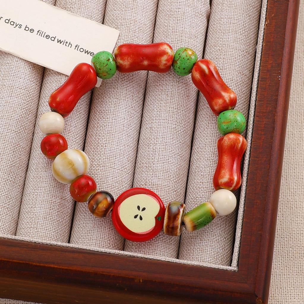 Sweet Women's Ceramic Bracelet with Beads and Apple Core Pendant Trendy Gift Unique Design Versatile Accessory