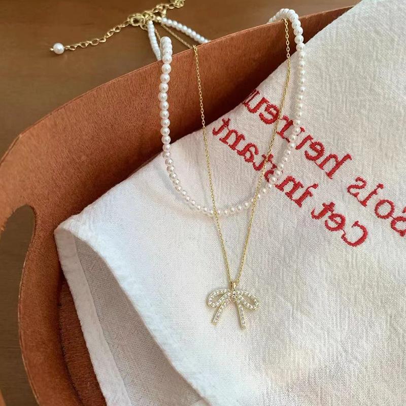 Bow Pearl Double-Layer Stacked Necklace Women'S Light Luxury Retro Elegant Fashion Exquisite Versatile Neck Chain Collarbone Chain