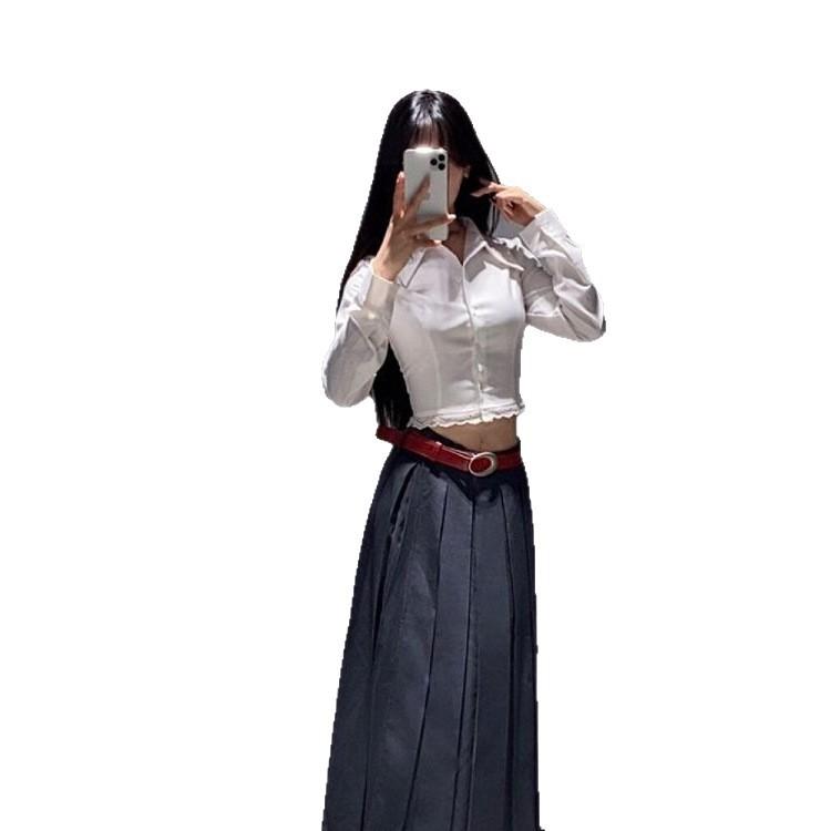Summer new French pure desire style polo collar lace splicing long-sleeved shirt women's design sense slim and thin top