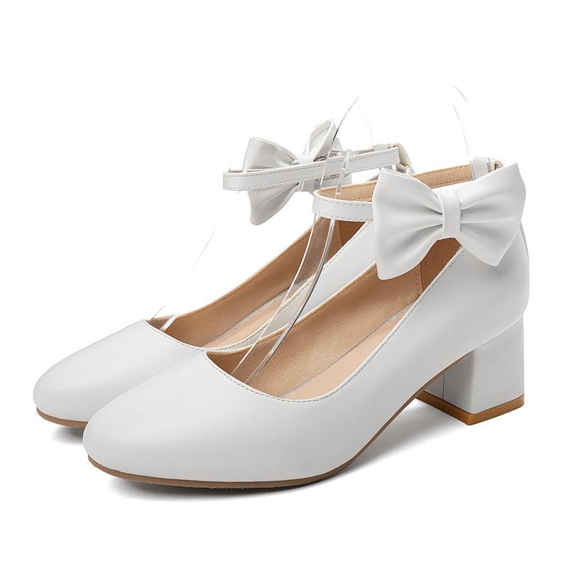 New Thick Heel, Middle Heel Buckle with Bow, Light Mouth Single Shoes, Women's Large Size Shoes.