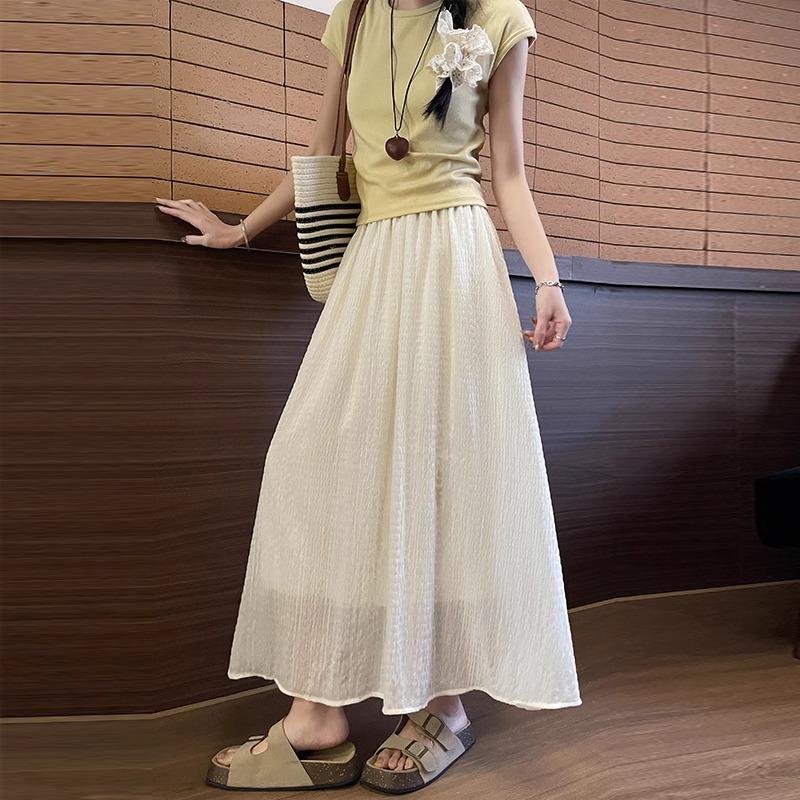 Fresh Green Mesh Lattice Skirt for Women In Spring and Summer New High-waisted A-line Long Chiffon Umbrella Skirt