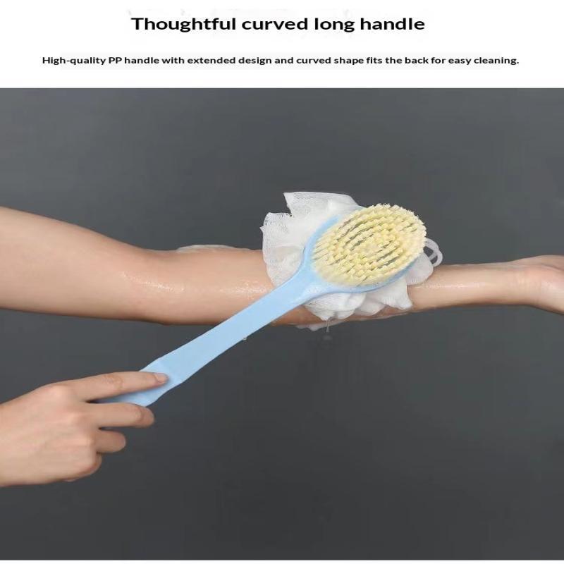 2 In 1 Long Handle Bath Brush Soft Bristles Exfoliating Loofah Puff For Shower Back Cleaning For Men Women