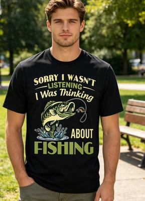 Men's Sorry Tshirt Wasn't Listening Fishing Graphic Tshirt Quickdry Crew Neck Regular Fit Black with Yellow Print Top for Daily
