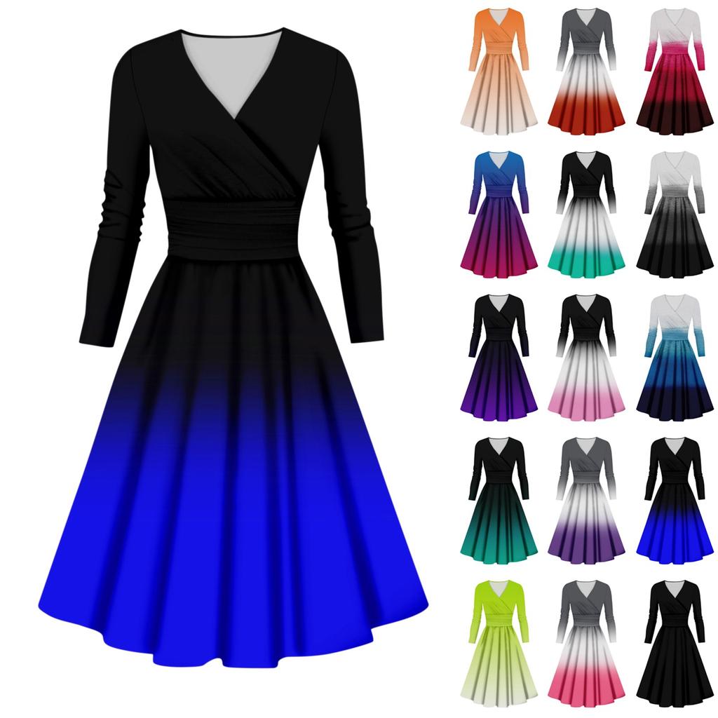 Dámské ležérní a módní sexy šaty s dlouhým rukávem a výstřihem do V s přechodem